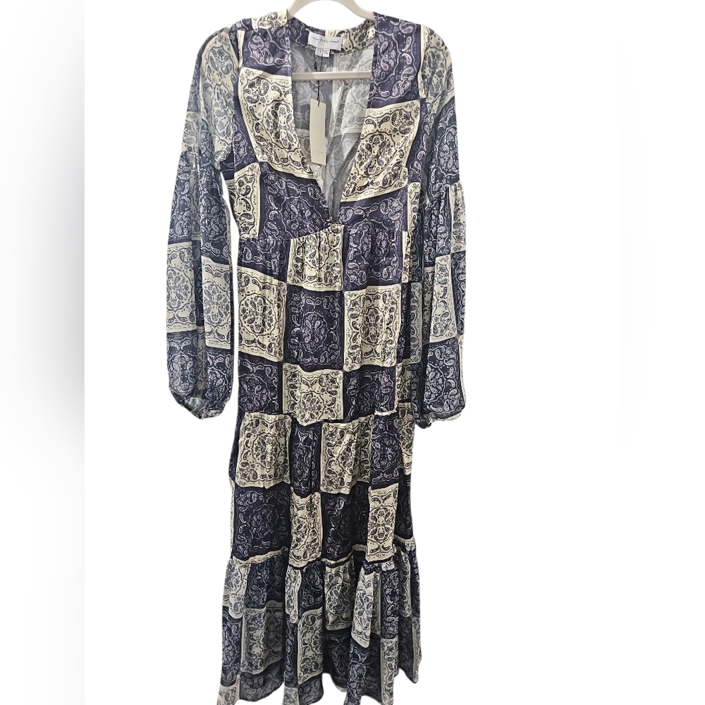 Never Fully Dressed Navy and Cream Paisley Tiered Maxi Dress